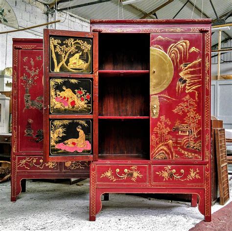 An Extraordinary Pair Of Vintage Chinese Red Lacquer Wedding Cabinets