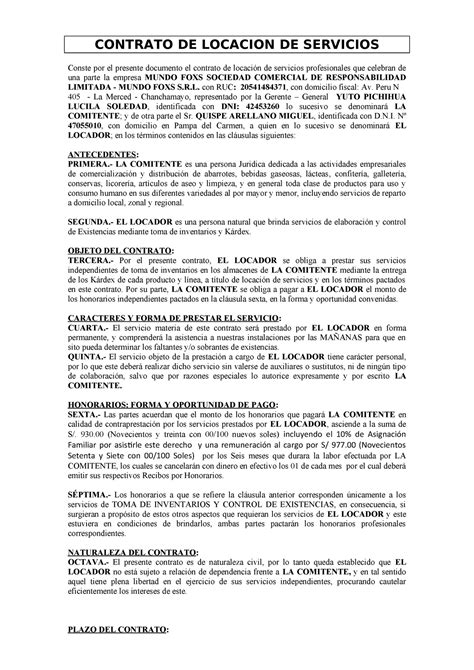 Modelo De Contrato De Locacion De Servicios Peru 2019 Vários Modelos