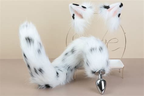 Black Spot White Cat Ear And Tail Plug Set Kitten Tail Etsy
