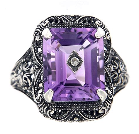 Art Deco Style Amethyst And Diamond Ring Sterling Silver Ebay