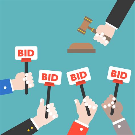 Hand Hold Bid Sign And Judge Hammer Auction Bidding Concept Flat