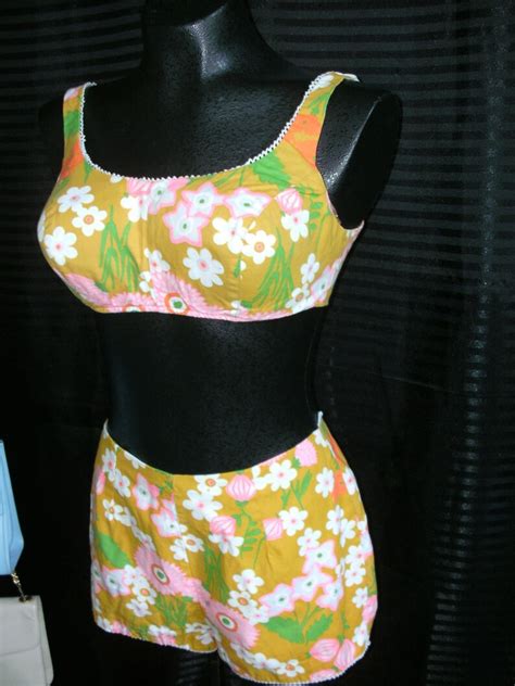 60s Two Piece Darling Floral Gidget Funecellio Swimsuit Etsy