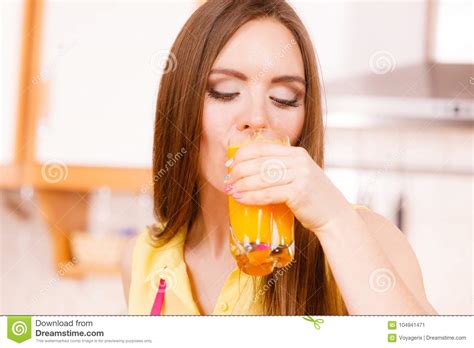 Woman In Kitchen Drinking Fresh Orange Juice Stock Image Image Of Refreshing Detox 104941471