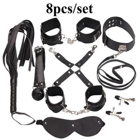 pu leather 8 pcs fetish sex bondage restraints handcuffs collar mask gag whip nipple clamps rope