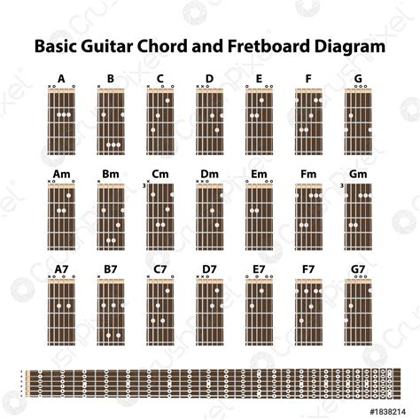 Basic Guitar Chord And Fretboard Diagram Vector Illustration, Stock