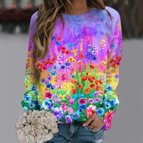 Autumn And Winter New Sweatshirt Colorful Flower 3d Printing Flower Long Sleeve Women S Round