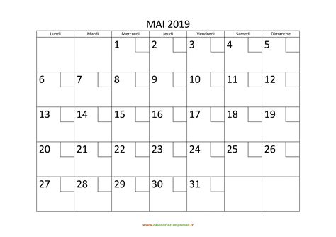 Calendrier Mai 2019 à Imprimer