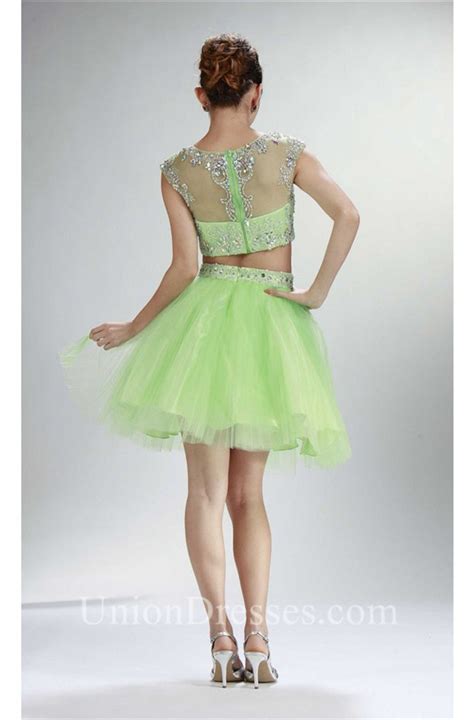 Ball Cap Sleeve Two Piece Short Lime Green Tulle Beaded Prom Dress