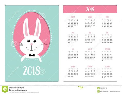 Pocket Calendar 2018 Year Week Starts Sunday Happy Easter Smiling