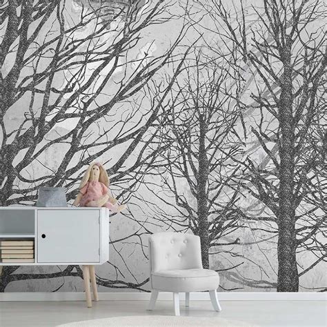 Custom Size Wallpaper Mural Black And White Forest Trees Bvm Home