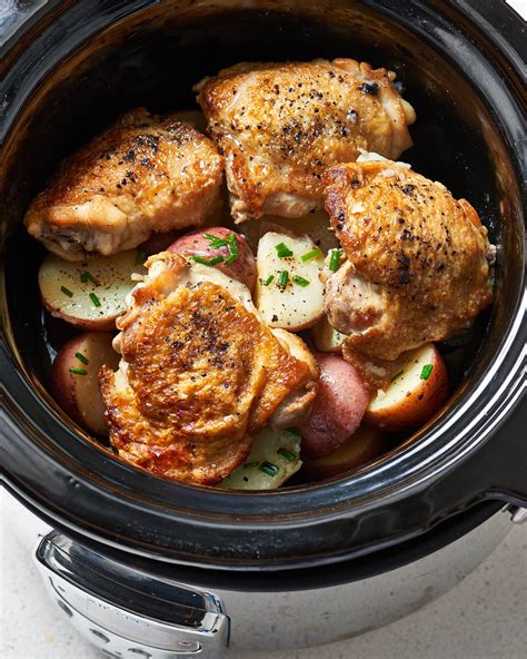 Place the bacon wrapped chicken in a crock pot and cook for several hours until perfectly brown. Slow Cooker Chicken and Potatoes Recipe | Kitchn