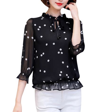korean elegant chiffon blouse women polka dot long sleeve ruffles summer tops 2018 plus size