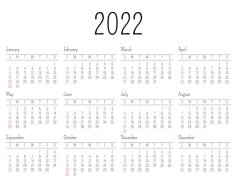 Calendario Para 2022 La Semana Comienza El Domingo Todos Los Meses