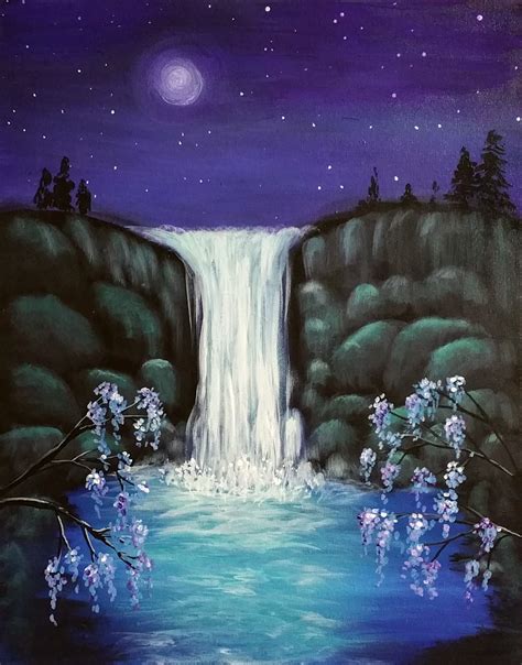 Moonlit Waterfalls Waterfall Art Waterfall Paintings Nature Art