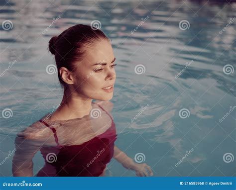 Pretty Woman Swimming In The Pool Close Up Nature Lifestyle Stock Photo