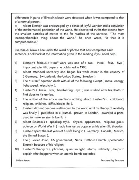 Albert Einstein Reading Comprehension Passage And Assessment Made By