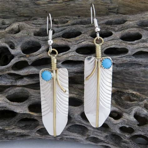 Navajo Turquoise Sterling Silver Dangle Feather Earrings