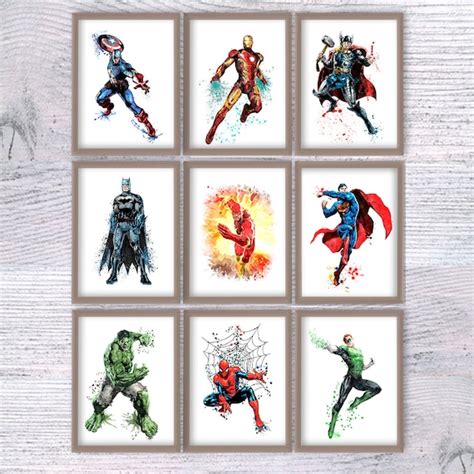 Superhero Art Poster Set Of 9 Superhero Watercolor Print Etsy