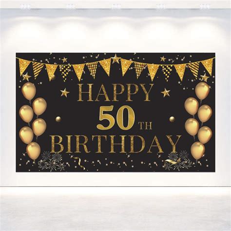 Aimtohome Happy 50th Birthday Black Gold Backdrop Extra Large Fabric