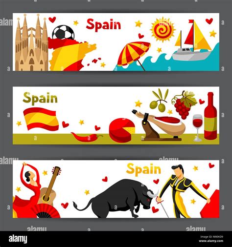 Spain Banners Design Spanish Traditional Symbols And Objects Stock