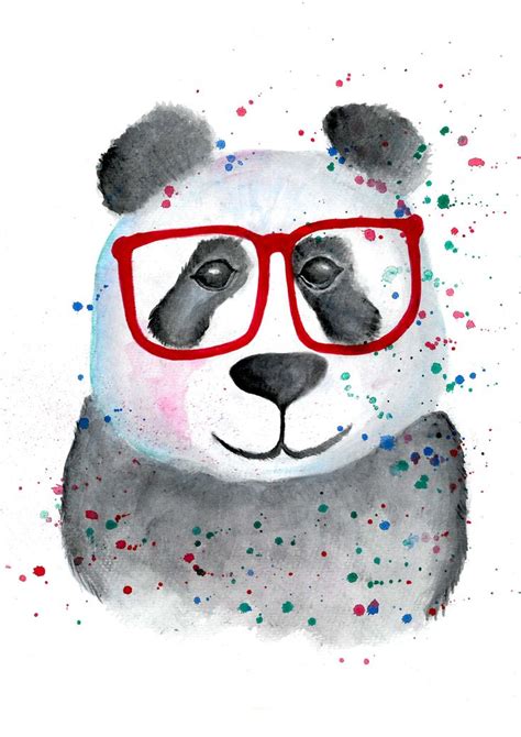 Cute Panda With Red Glasses Watercolor Art In 2020 Cute Panda Red