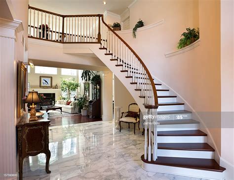 White Grand Foyer Staircase Marble Floor Showcase Home