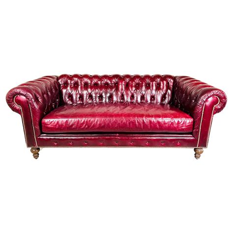 Vintage Red Leather English Chesterfield Style Button Tufted Sofa By