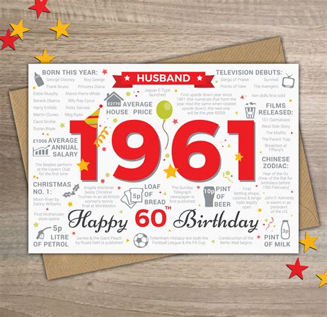 Happy 60th Birthday Husband Greetings Card Born In 1961 Year Etsy