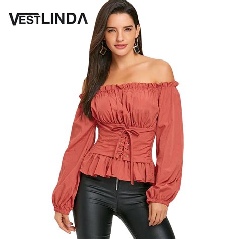 Plain off shoulder long sleeve women's blouse. VESTLINDA Blouse Shirt Black Women Fashion Off The ...