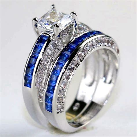 Luxury Bold Big Blue Zircon Wedding Rings Set For Bridal Women