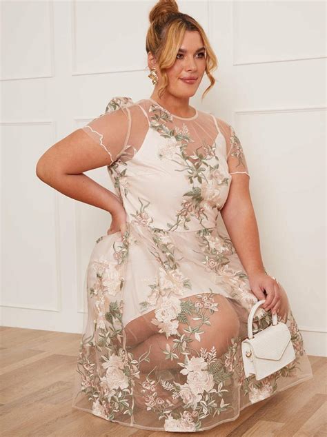 Plus Size Floral Embroidered Mesh Overlay Midi Dress In Nude Womens