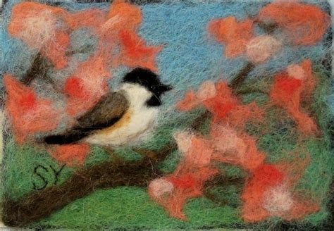 Needle Felted Wool Painting Chickadee With Blossoms 4x6 Etsy