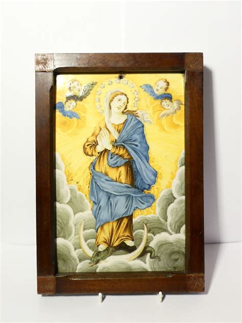 Antique Framed Tile Hand Painted Virgin Mary On Snake Moon Cherub