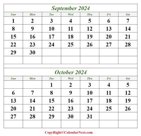 Printable Blank September And October 2024 Calendar Templates