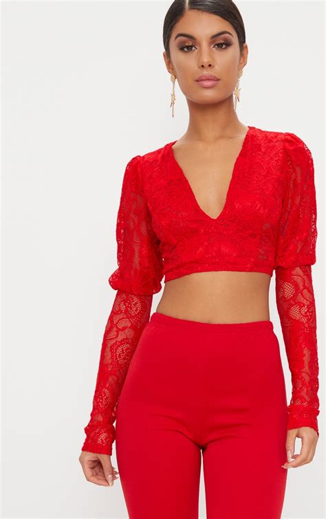 Red Lace Plunge Puff Shoulder Crop Top Tops Prettylittlething Usa