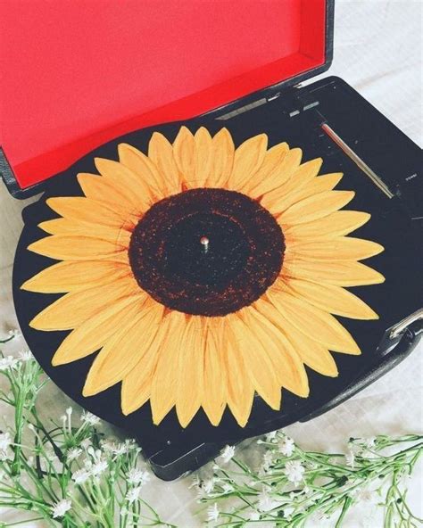 Pintura Acrílica De Girasol En Disco De Vinilo Sunflower Painting