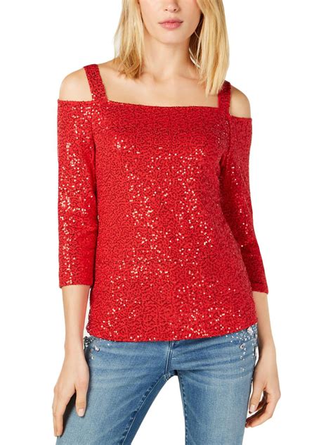 Inc Womens Sequined Cold Shoulder Pullover Top Red L