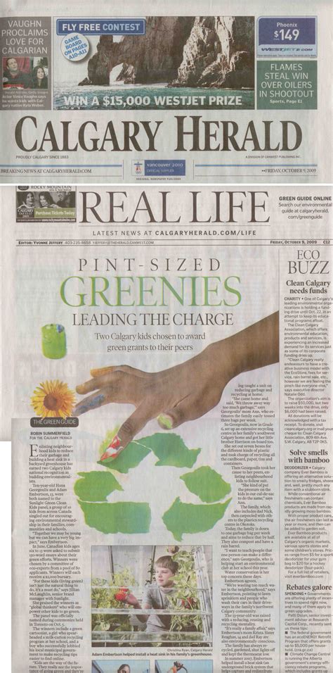 Calgary Herald, October 9, 2009 | Greenies, Fly free, Life guide