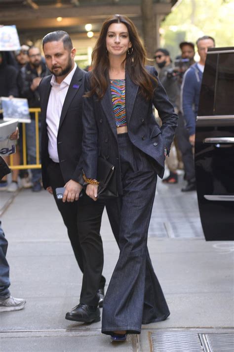 Anne Hathaway In A Denim Pantsuit New York 10122022 Celebmafia