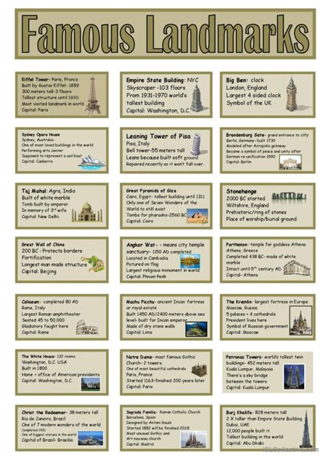 Famous Landmarks Fact Cards Classroo English Esl Worksheets Pdf And Doc