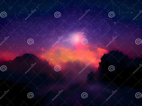 Milky Way And Pink Light At Mountains Night Colorful Landscape Starry