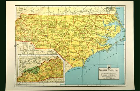 Colorful Yellow Vintage North Carolina Map North Carolina Wall