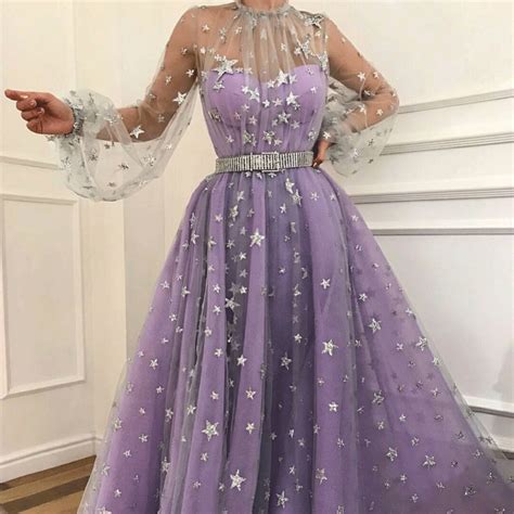 long sleeve prom dress purple prom dress elegant prom dress starry sparkly prom dress