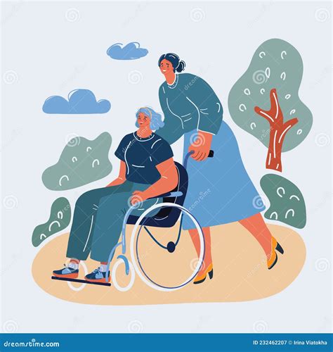 Vector Illustration Of Woman Nurse Rolls A Wheelchair With A Patient In