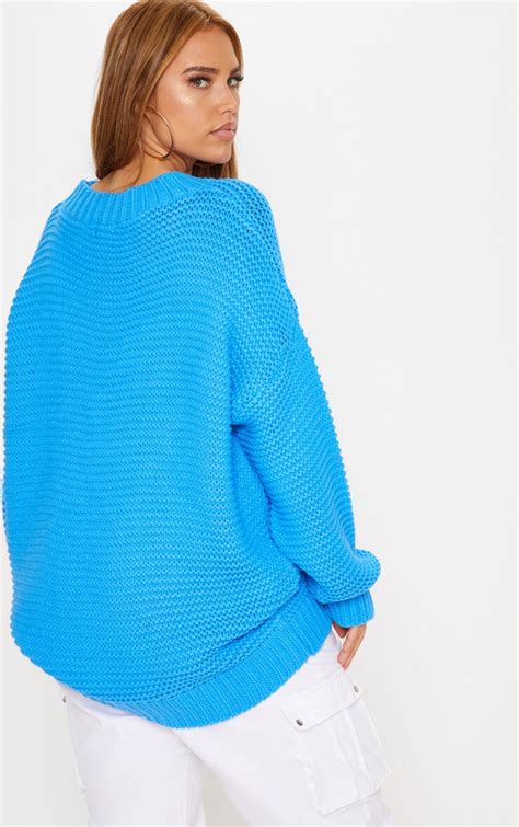 plus blue oversized knit sweater prettylittlething ca