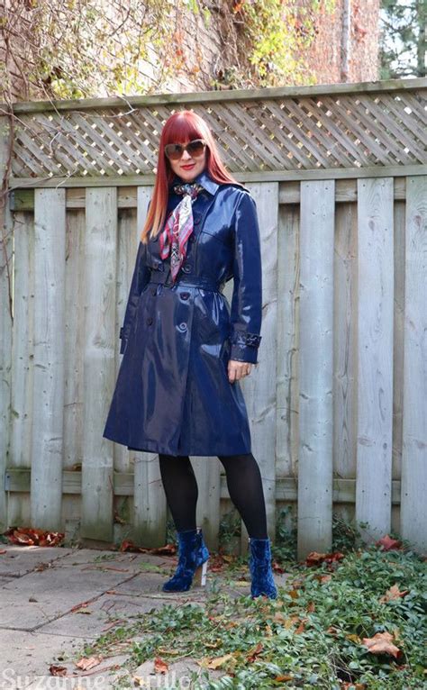 Blue Vinyl Trench Coat Suzanne Carillo Style For Women Over 50 Raincoat Fashion Raincoats For