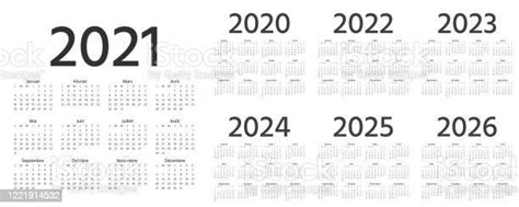 French Calendar 2021 2022 2023 2024 2025 2026 2020 Years Vector
