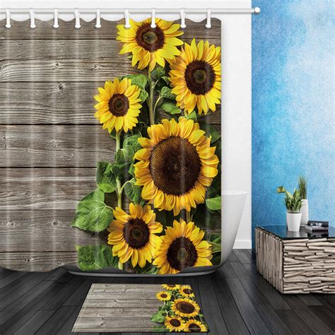 Transform your bathroom from dark and dull to light and bright instantly with this white shower curtain blooming with colorful sunflowers. Sunflower On Wooden Waterproof Fabric Home Decor Shower ...