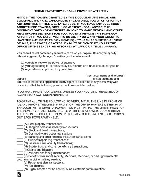 Free Texas Durable Statutory Power Of Attorney Form Pdf Word Eforms