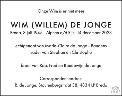 Wim Willem De Jonge Overlijdensbericht En Condoleances